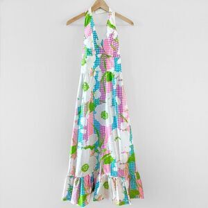 Vintage Gregg Draddy Floral Gingham Halter Neck Maxi Dress